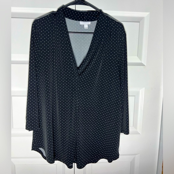 Charter Club Black White Polka Dot Liquid Knit V-Neck Blouse plus size 0X - Picture 1 of 4